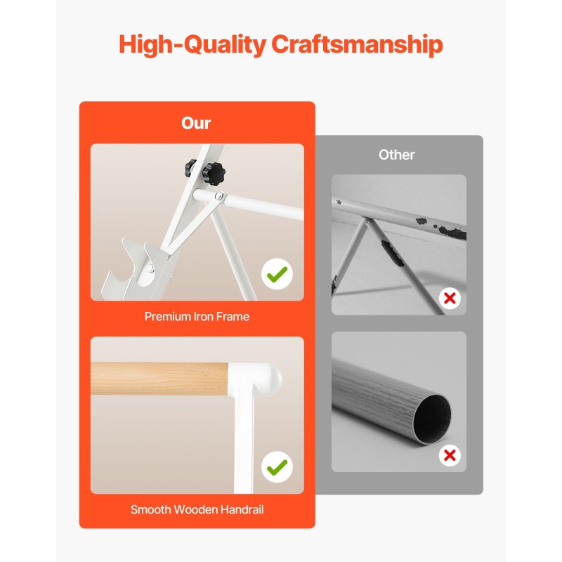 Balettitanko vapaasti seisova siirrettävä taitettava neliasteinen korkeussäätö pyökki ja hiiliteräs valkoinen