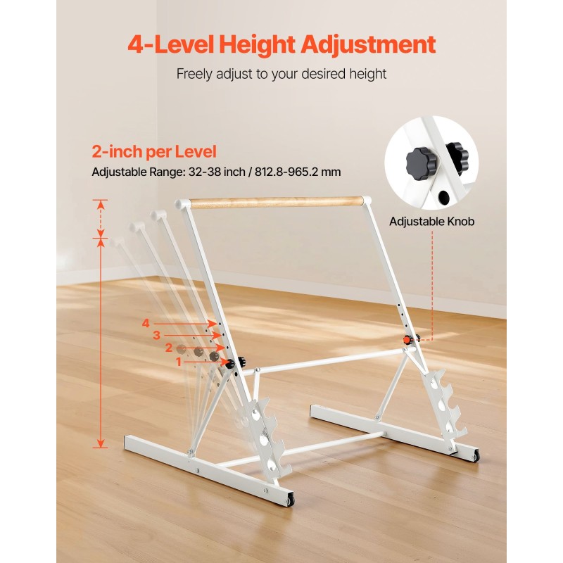 Balettitanko vapaasti seisova siirrettävä taitettava neliasteinen korkeussäätö pyökki ja hiiliteräs valkoinen