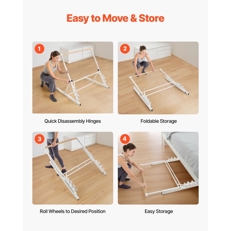 Balettitanko vapaasti seisova siirrettävä taitettava neliasteinen korkeussäätö pyökki ja hiiliteräs valkoinen