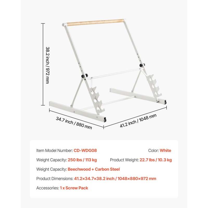 Balettitanko vapaasti seisova siirrettävä taitettava neliasteinen korkeussäätö pyökki ja hiiliteräs valkoinen