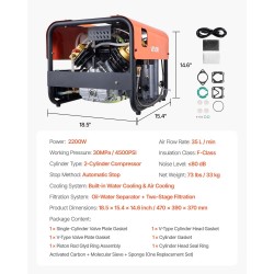 Korkeapainekompressori 2-sylinterinen 2200 W 30 MPa 35 L/min vesi- ja ilmajäähdytys