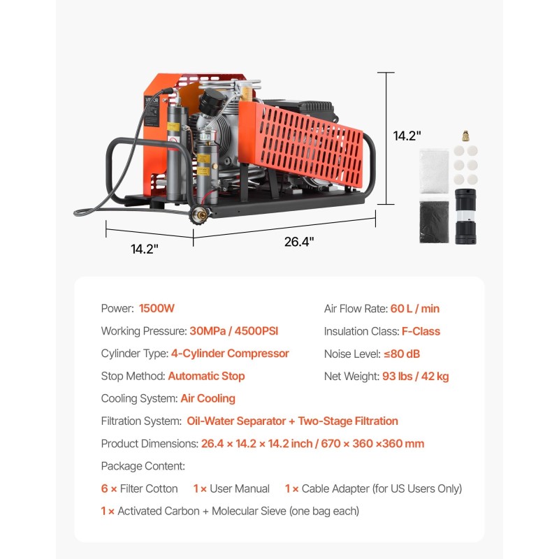 PCP-paineilmakompressori 1500 W 30 MPa nelisylinterinen 60 L/min tuuletinjäähdytys automaattipysäytys