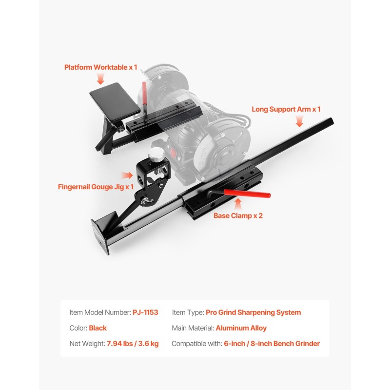 Teroitusjärjestelmä penkkihiomakoneelle alumiiniseos 6- ja 8-tuumaisille kääntyvällä tasopöydällä