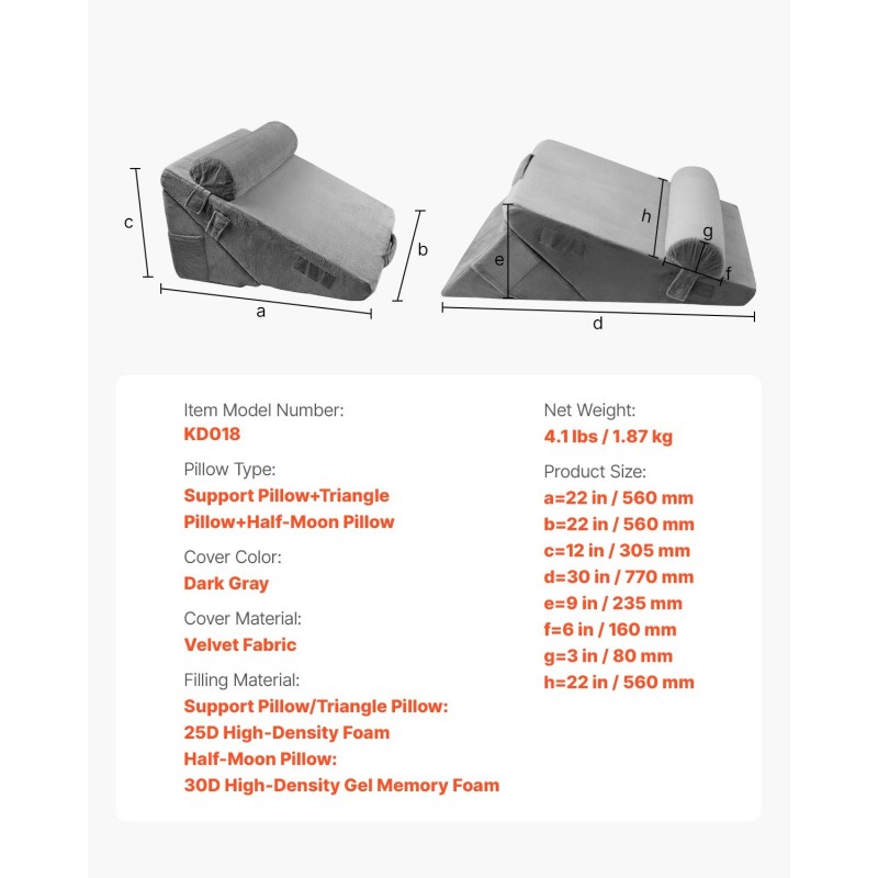 Kiilatyynysetti 3-osainen tummanharmaa samettipäällisellä vaahtomuovi ja geelimuistivaahto 560 mm
