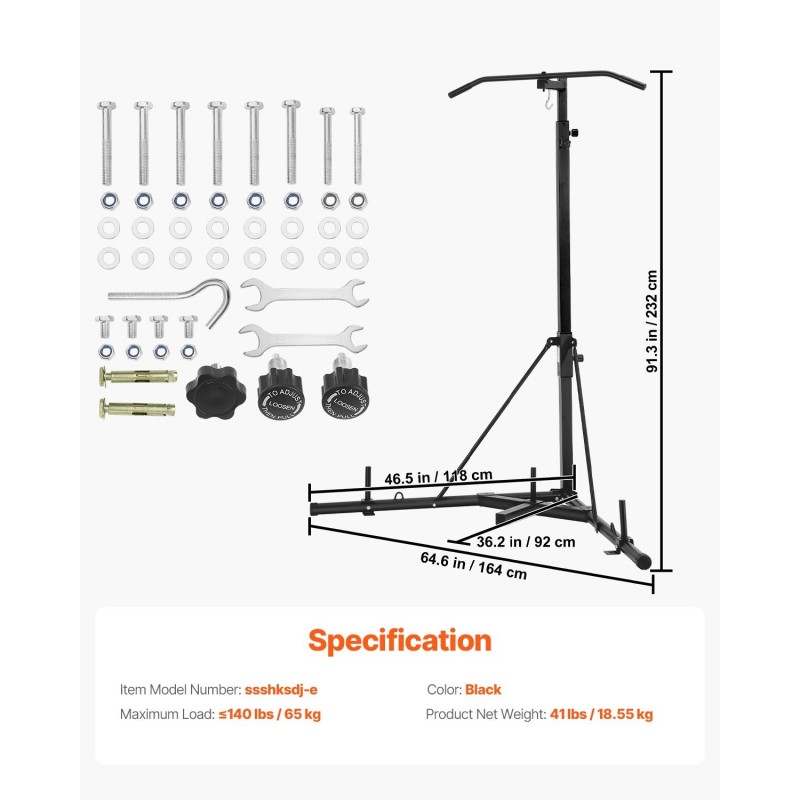 Vapaasti seisova nyrkkeilysäkin teline teräsrunko säädettävä korkeus leuanvetotangolla 65 kg
