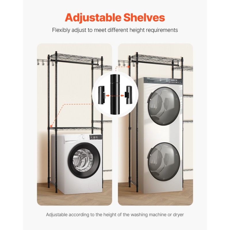 Säilytyshylly pesukoneen ja kuivausrummun yläpuolelle hiiliteräs 5 säädettävää hyllyä