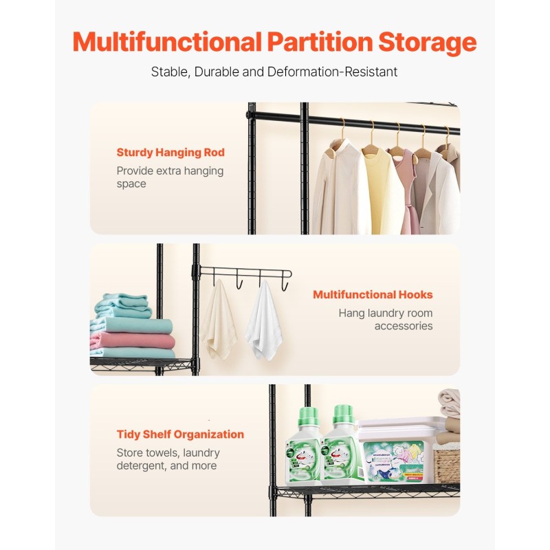 Säilytyshylly pesukoneen ja kuivausrummun yläpuolelle hiiliteräs 5 säädettävää hyllyä