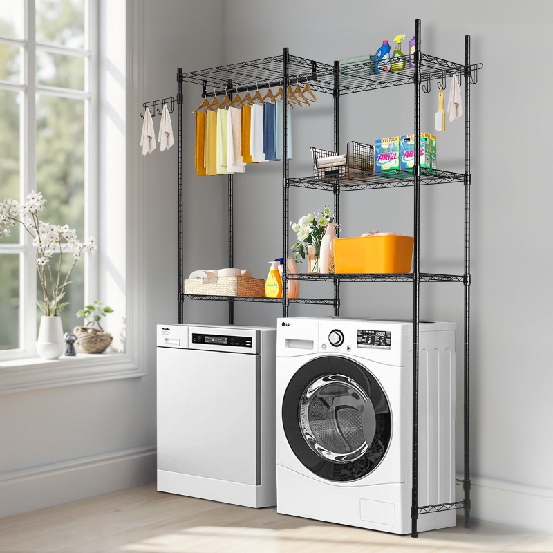 Säilytyshylly pesukoneen ja kuivausrummun yläpuolelle hiiliteräs 5 säädettävää hyllyä