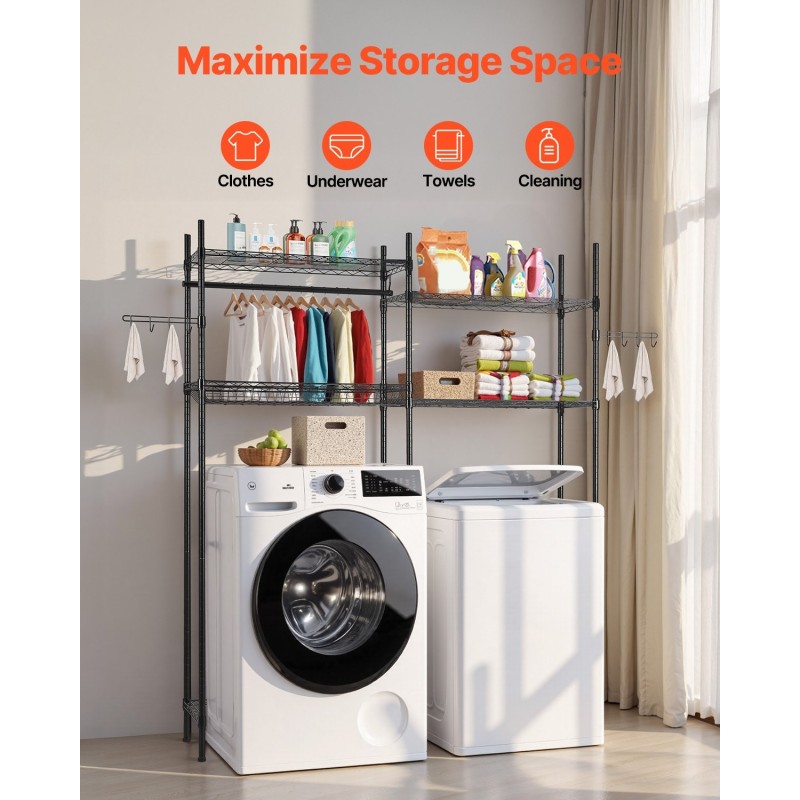 Pesukoneen ja kuivausrummun ylle säilytyshylly hiiliteräs 4 säädettävää tasoa