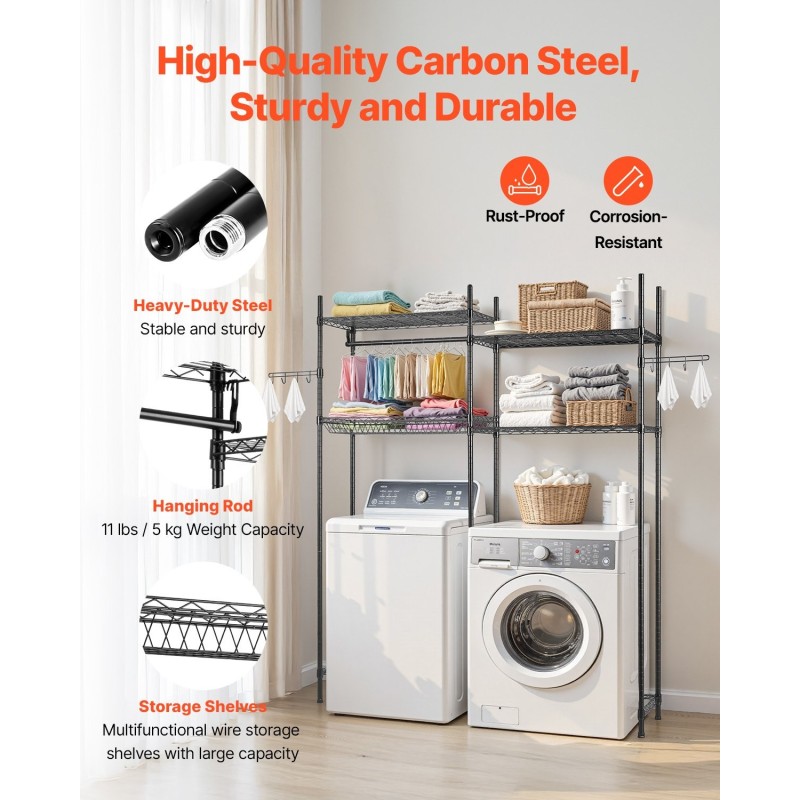 Pesukoneen ja kuivausrummun ylle säilytyshylly hiiliteräs 4 säädettävää tasoa