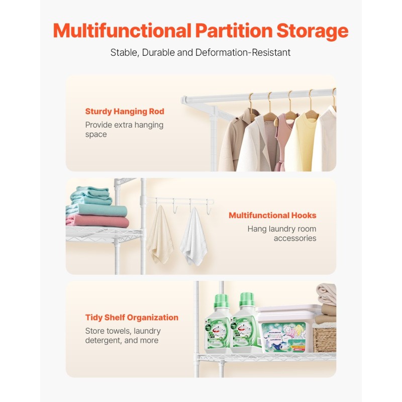 Pesukoneen ja kuivausrummun yläpuolinen hiiliteräshylly kolme tasoa vaateripustintanko kaatumissuoja