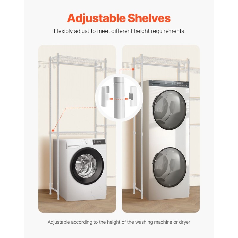 Säilytyshylly pesukoneen ja kuivausrummun päälle hiiliteräs viisi säädettävää hyllytasoa