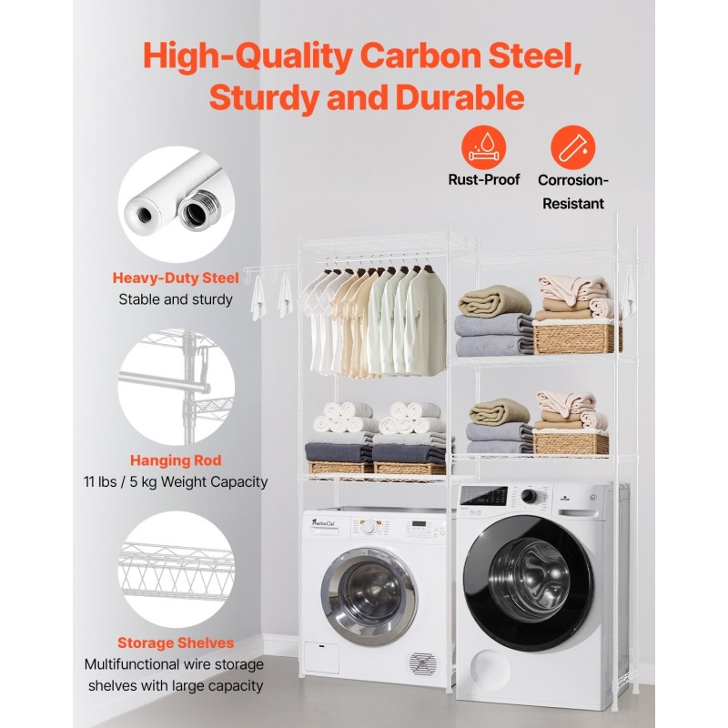 Säilytyshylly pesukoneen ja kuivausrummun päälle hiiliteräs viisi säädettävää hyllytasoa