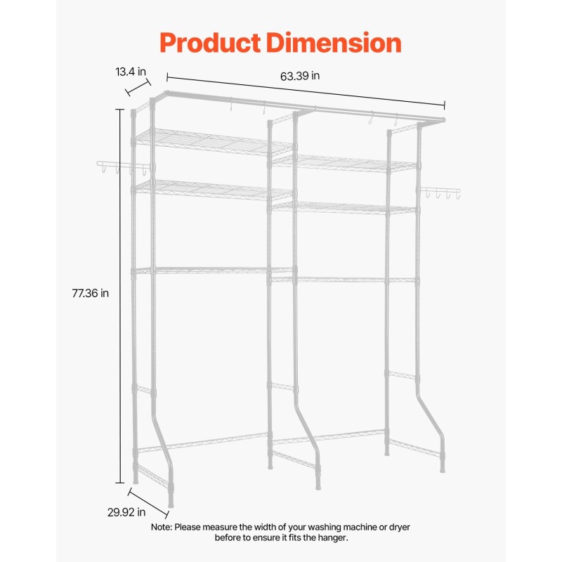 Pesukoneen ja kuivausrummun yläpuolinen hiiliteräksinen säilytyshylly 6 säädettävää tasoa