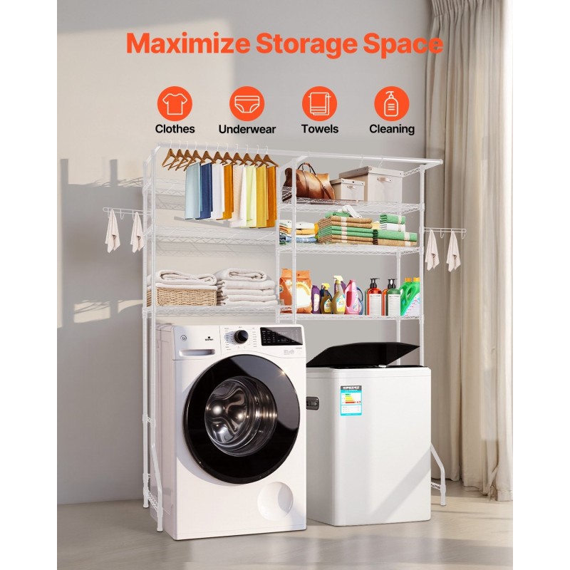 Pesukoneen ja kuivausrummun yläpuolinen hiiliteräksinen säilytyshylly 6 säädettävää tasoa