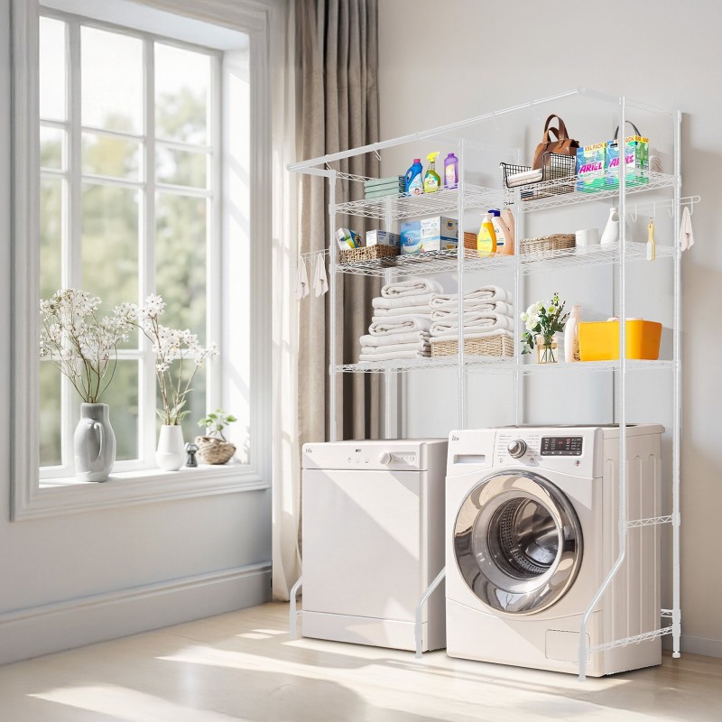 Pesukoneen ja kuivausrummun yläpuolinen hiiliteräksinen säilytyshylly 6 säädettävää tasoa