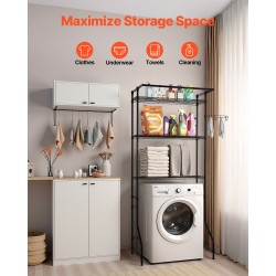 Pesukoneen ja kuivausrummun ylähylly hiiliteräsrunko kolme säädettävää hyllyä vaatetangolla