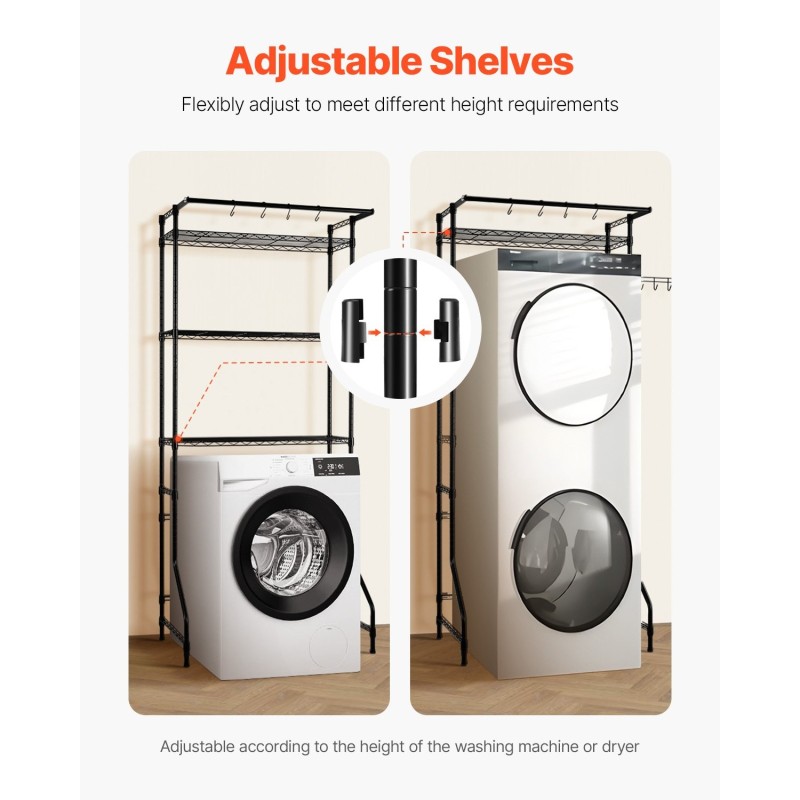 Pesukoneen ja kuivausrummun ylähylly hiiliteräsrunko kolme säädettävää hyllyä vaatetangolla