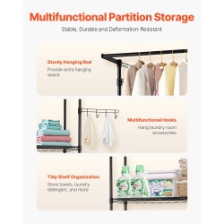 Pesukoneen ja kuivausrummun ylähylly hiiliteräsrunko kolme säädettävää hyllyä vaatetangolla