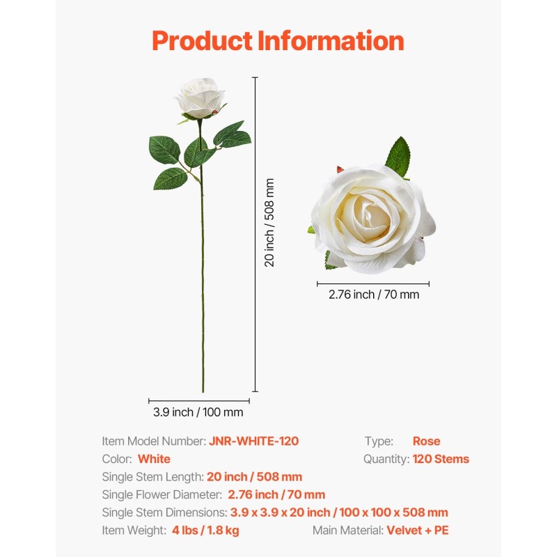 Tekoruusut valkoiset samettipintaiset 120 vartta 20-tuumaiset varret
