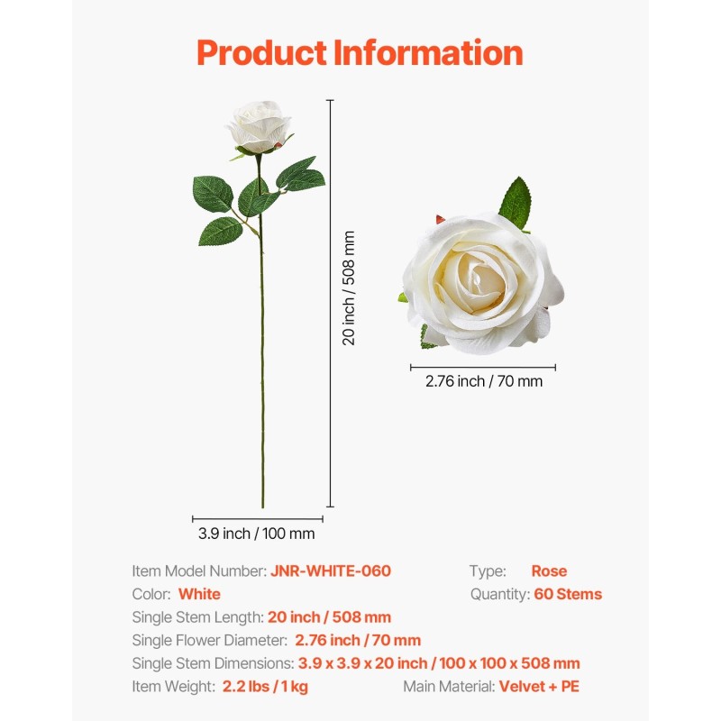 Tekoruusut 60 kpl valkoiset 510 mm varret samettimainen PE materiaali