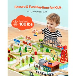 Puinen kolmitoiminen junarata ja aktiviteettipöytä 120-osainen käännettävällä kannella