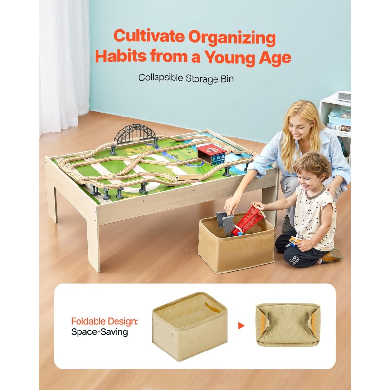 Puinen kolmitoiminen junarata ja aktiviteettipöytä 120-osainen käännettävällä kannella