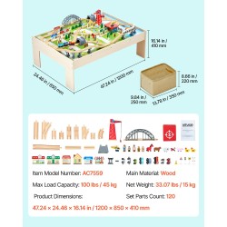 Puinen kolmitoiminen junarata ja aktiviteettipöytä 120-osainen käännettävällä kannella