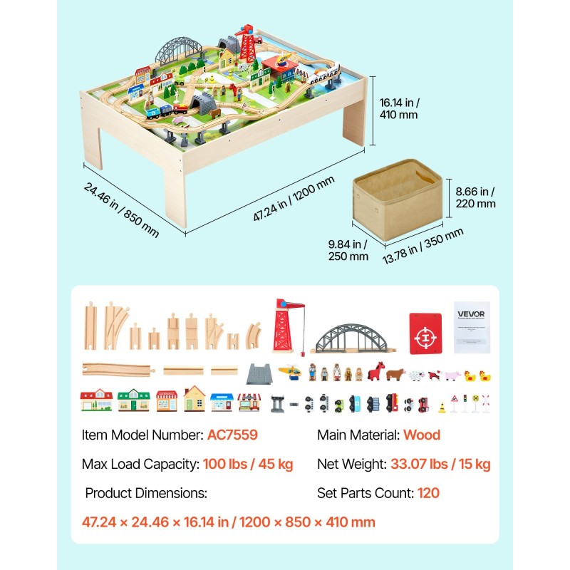 Puinen kolmitoiminen junarata ja aktiviteettipöytä 120-osainen käännettävällä kannella