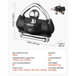 Perävaunun vetokytkinlukko sinkkiseosrunko musta 1 kpl sopii 1‑7/8, 2 ja 2‑5/16 tuumaa