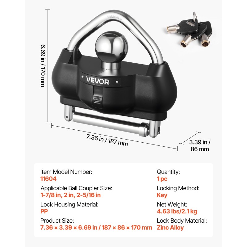 Perävaunun vetokytkinlukko sinkkiseosrunko musta 1 kpl sopii 1‑7/8, 2 ja 2‑5/16 tuumaa