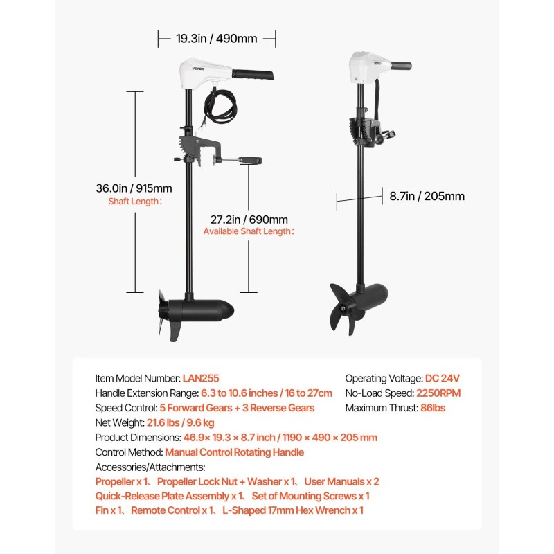 Sähköinen perämoottori 24-volttinen 86-paunan työntövoima 36-tuumainen akseli transomiin kiinnitettävä