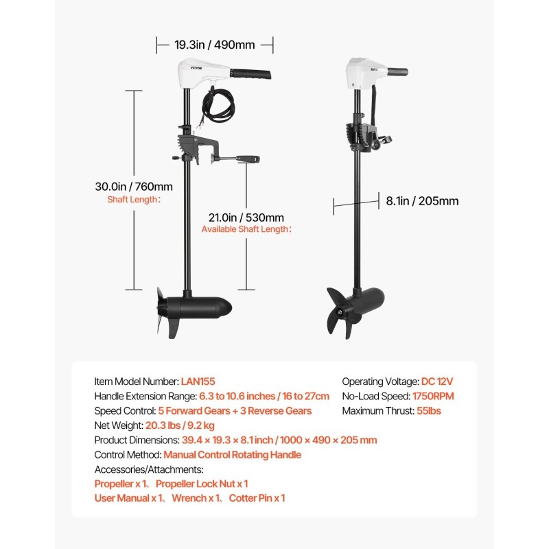 Sähköinen perämoottori peräpeiliasenteinen 55 paunaa 12-volttinen 8-nopeuksinen 30-tuumainen varsi