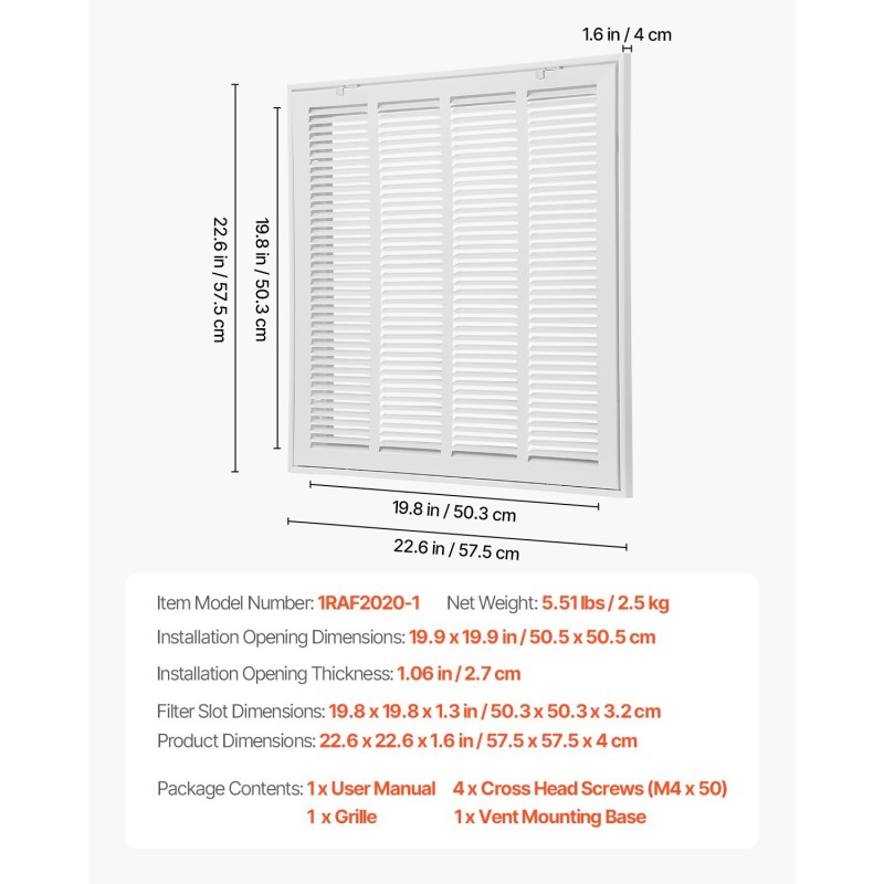 Paluuilmasuodatinritilä jauhemaalattua terästä 50,5×50,5 senttimetriä seinä ja katto