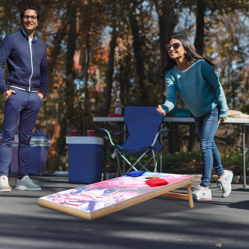 Pussinheittopelisetti kaksi taitettavaa massiivipuista täysikokoista pelilautaa kahdeksan heittopussia kantolaukulla