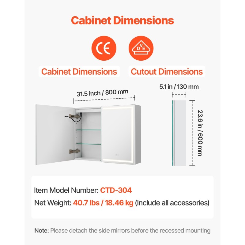Seinäkiinnitteinen lääkekaappi peilillä 60 x 80 cm kolmivärinen himmennettävä LED-valaistus integroidulla pistorasialla