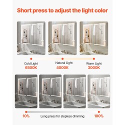 Seinäkiinnitteinen lääkekaappi peilillä 60 x 80 cm kolmivärinen himmennettävä LED-valaistus integroidulla pistorasialla