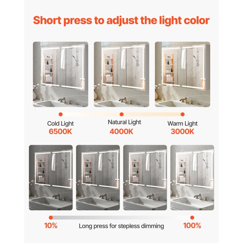 Seinäkiinnitteinen lääkekaappi peilillä 60 x 80 cm kolmivärinen himmennettävä LED-valaistus integroidulla pistorasialla