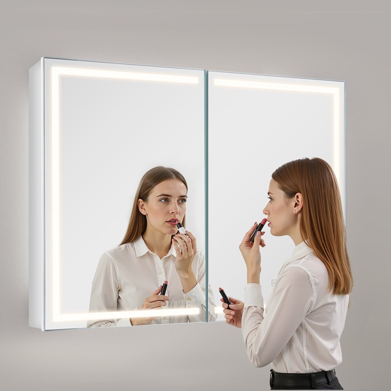 Seinäkiinnitteinen lääkekaappi peilillä 60 x 80 cm kolmivärinen himmennettävä LED-valaistus integroidulla pistorasialla