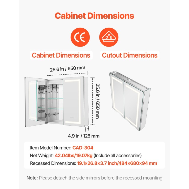 LED-valaistu peilikaappi kylpyhuoneeseen 650x125x650 mm kosketusohjaus huurteenpoisto