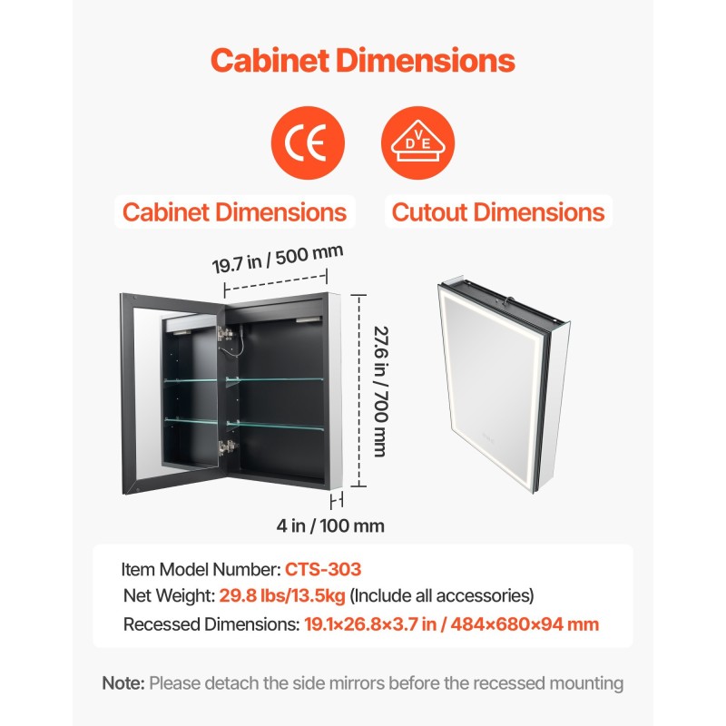 Lääkekaappi valopeilillä 50 x 70 cm LED-valaistus 3 värilämpötilalla