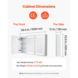 Seinälle asennettava lääkekaappi 100 x 60 cm karkaistulla lasipeilillä himmennettävä kolmivärinen LED-valaistus