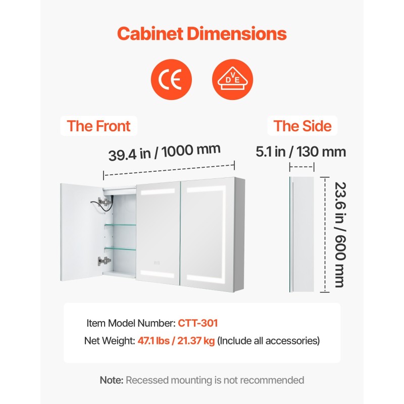 Seinälle asennettava lääkekaappi 100 x 60 cm karkaistulla lasipeilillä himmennettävä kolmivärinen LED-valaistus