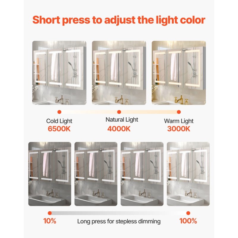 Seinälle asennettava lääkekaappi 100 x 60 cm karkaistulla lasipeilillä himmennettävä kolmivärinen LED-valaistus