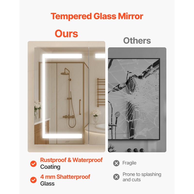 Seinälle asennettava lääkekaappi 100 x 60 cm karkaistulla lasipeilillä himmennettävä kolmivärinen LED-valaistus