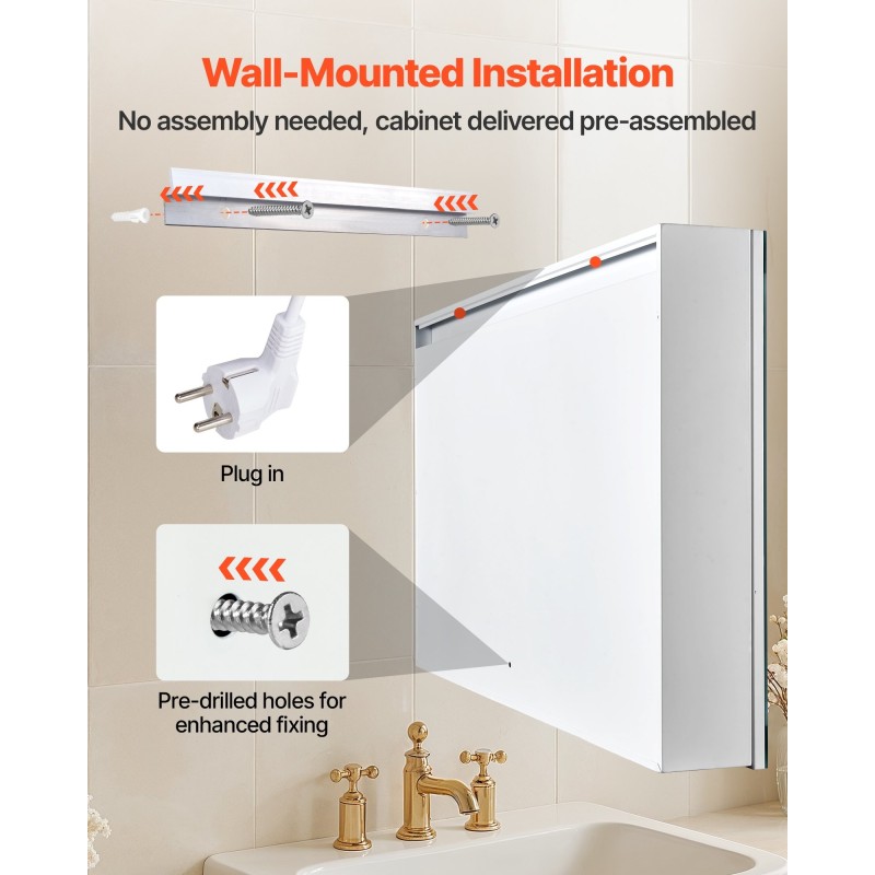 Seinälle asennettava lääkekaappi 100 x 60 cm karkaistulla lasipeilillä himmennettävä kolmivärinen LED-valaistus