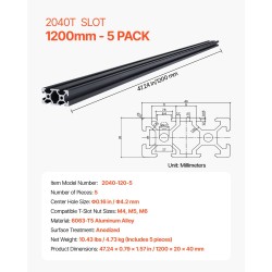Alumiiniprofiili T-ura 2040 1200x20x40 mm 5 kpl anodisoitu musta