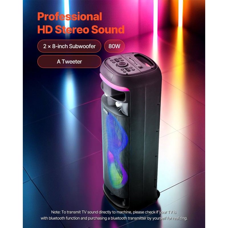Kannettava 80W karaokekaiutin 8-tuumaisilla kaiuttimilla ja 2 langatonta mikrofonia