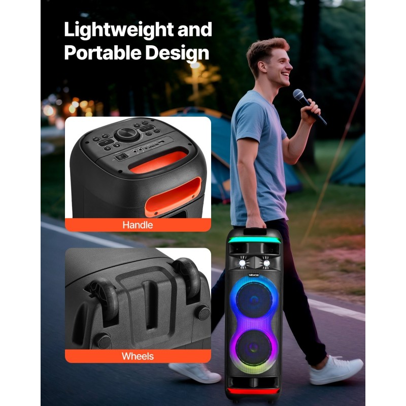 Kannettava 80W karaokekaiutin 8-tuumaisilla kaiuttimilla ja 2 langatonta mikrofonia