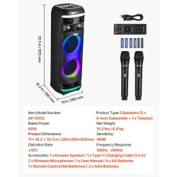 Kannettava 80W karaokekaiutin 8-tuumaisilla kaiuttimilla ja 2 langatonta mikrofonia